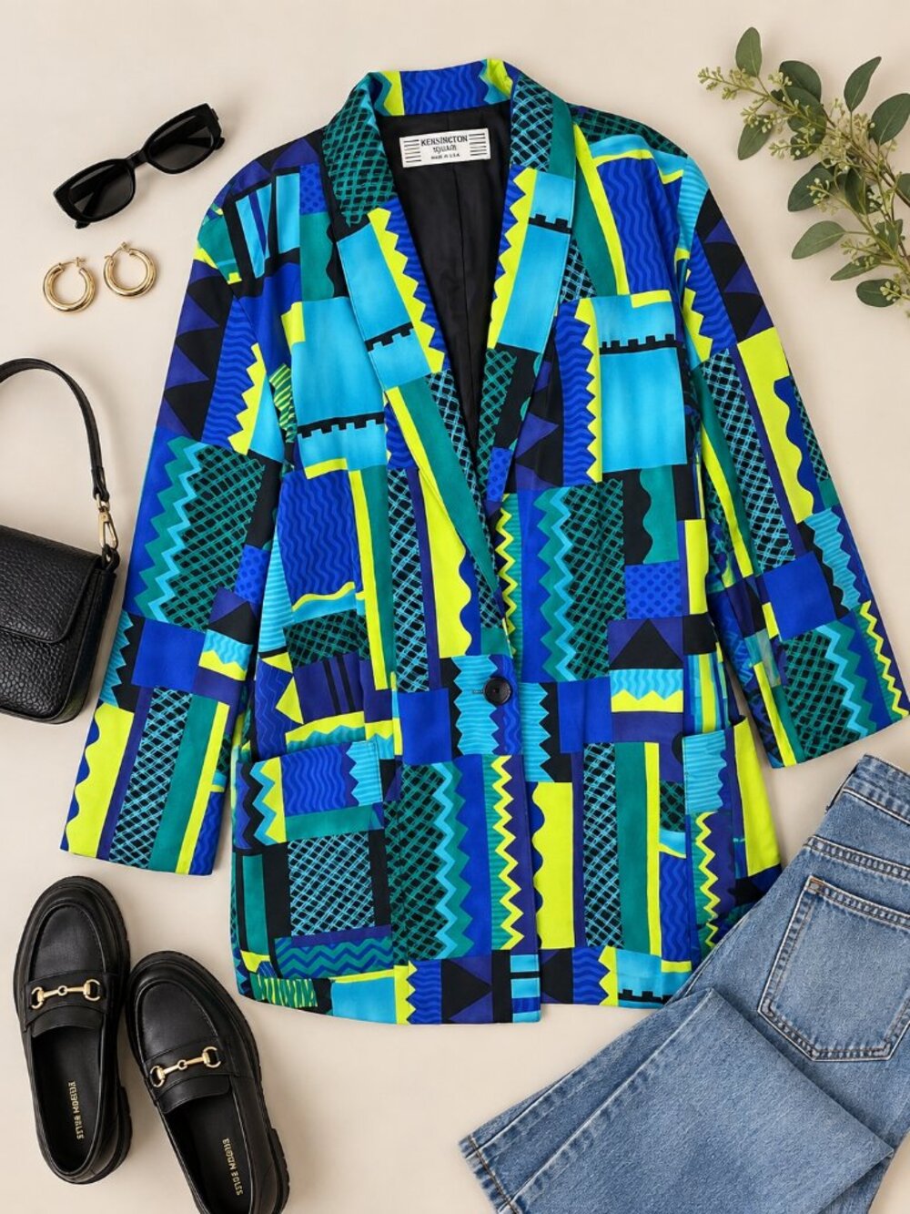 Vintage Kensington Square 80s Abstract Geometric Blazer Jacket 3X USA